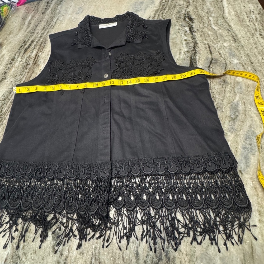 St. Joanne Lace Embroidered  Vest Womens XL Black Fringe Sleeveless Button Down - Picture 3 of 7